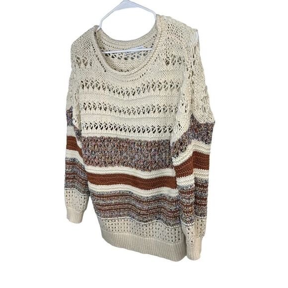 Zara XS-S Italian Yarn Cream & Brown Striped Crocheted Tunic Length Sweater - Picture 5 of 13